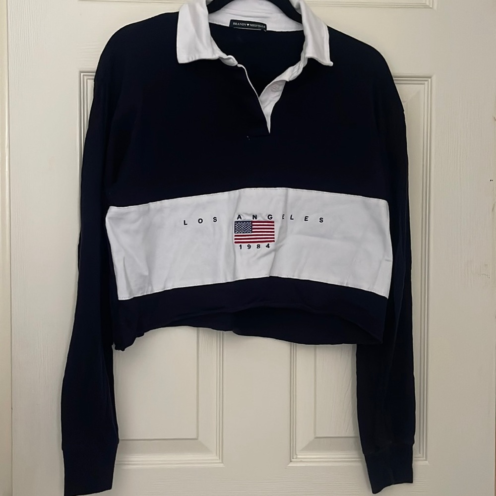 Brandy Melville long sleeve button up crop with Los Angeles 1984 logo
